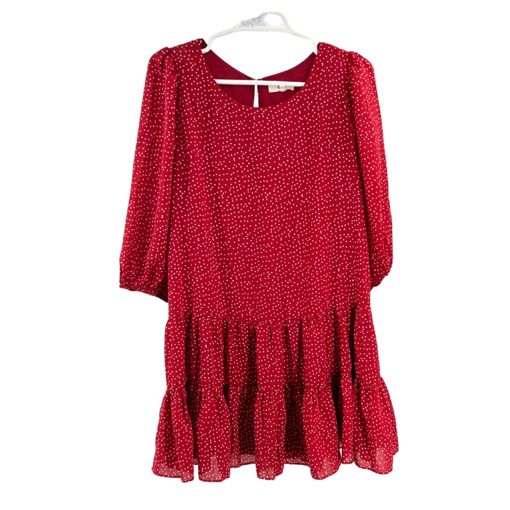 Easel S red tiered polka dot 3/4 sleeve dress casual lightweight flirty holiday